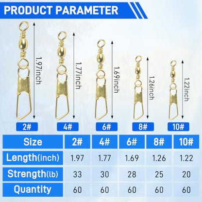 SILANON Fishing Barrel Snap Swivels, 60pcs Barrel Swivels with Safety Snaps Stainless Steel Brass Gold Barrel Swivels Fishing Tackle Solid Ring Lure Leader Line Connectors Saltwater Freshwater - size: 8#-60pcs