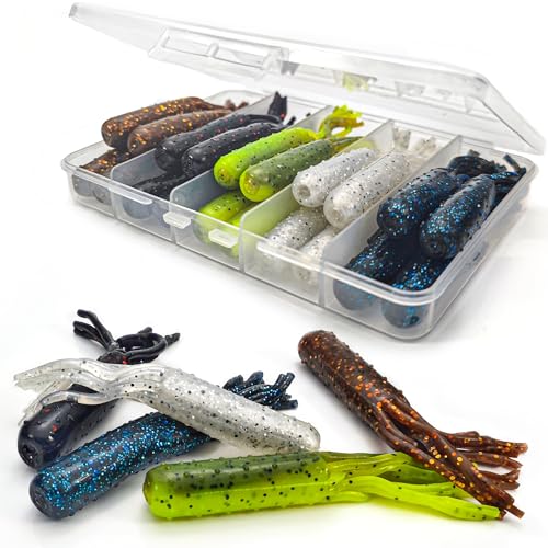 20Pcs Tube Baits Soft Plastic Worms Bass Fishing Lures for Tube Jig Heads Hook Freshwater Saltwater, 3.5 Inch - color: 20 Pcs-5 Color-Black Blue, Pearl Silver Flake, Ultimate Craw, Black Neon, Browns