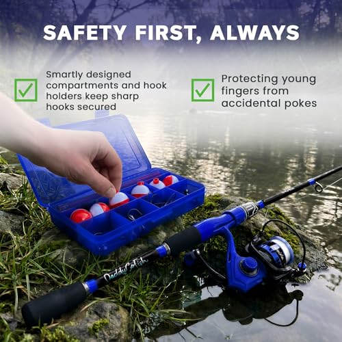 DaddyGoFish Spinning Fishing Rod and Reel Combo Set with Tackle Box | Kids Fishing Pole | Carbon Fiber Telescopic Fishing Rod Kit | Spinning Reel for Travel Saltwater Freshwater Fishing Gear Kit - color: Blue