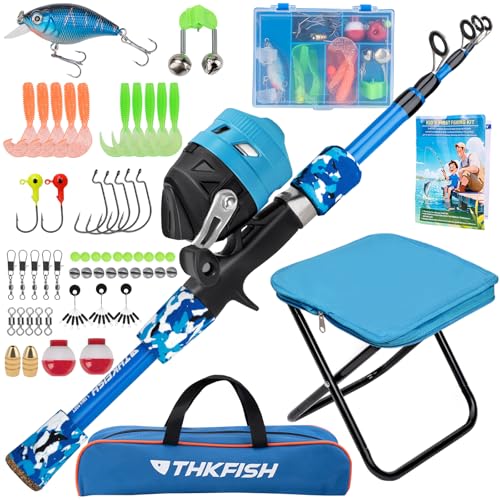 Kids Fishing Pole Set, Telescopic Fishing Rod Reel Combo Kids Starter Kit with Lures Tackle Box, Foldable Stool and Portable Bag for Boys Girls Younth - color: Blue Pole Set with Folding Stool, size: 4.9 ft