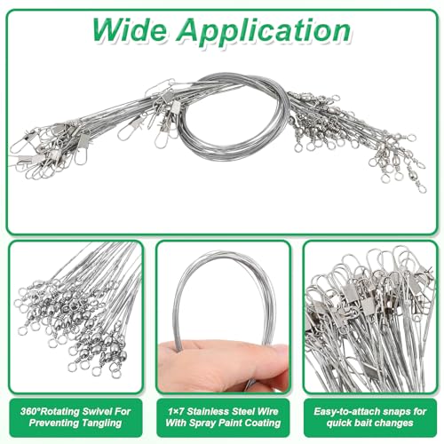 50 Pcs Fishing Leaders with Swivels, Steel Wire Fishing Leader | High-Strength Anti-Bite Wire Leader Line Kit for Saltwater Freshwater, Connects Lures, Hooks, Rigs (Green, 4/6/8/10/12 Inch) - color: Silver