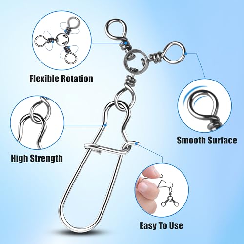 OROOTL 3 Way Snap Swivels Fishing Tackle, 50pcs Three Way Swivel with Duo Lock Snap Stainless Steel Cross Line Barrel Triple Swivels Snaps Connector for Saltwater Freshwater Fishing - size: 2#_75lb-50pcs