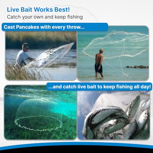BasicGear Pancake Cast Net – Heavy-Duty 1.0+ lb/ft Weights, 4ft to 12ft Radius, Multiple Mesh Sizes, Pro Grade, Freshwater & Saltwater - size: 10ft Radius, style: 1.25 Lb, 1 1/4" Sq Mesh