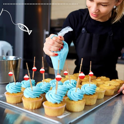 Reallnaive 24 Pcs Fishing Float Cupcake Toppers Fisherman Pole Picks Party Supplies Bulk, 3D Fish Bobber Push Button Round Buoy Floats for Fishing Birthday Party Decorations(Bobber) - style: Bobber