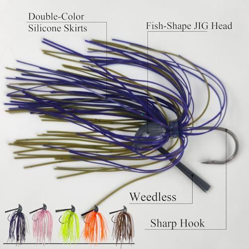 5Pcs Football Jigs Set Weedless Jig Head Tungsten Swim Jigs for Bass Fishing Silicone Skirts Fishing Lures Kit Fishing Tackle for Pike, Walleye and Muskie
