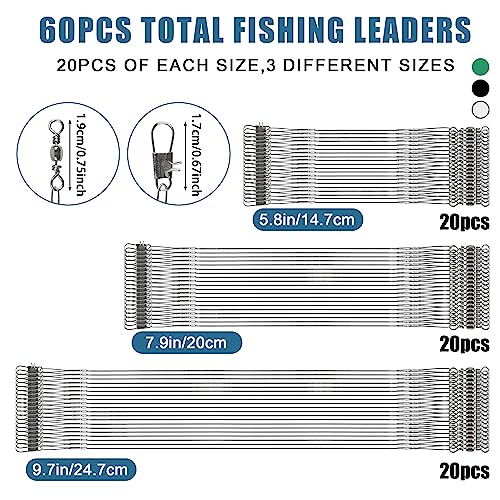 Fishing Leaders Saltwater,60pcs Stainless Steel Wire Leaders with Swivels Snap High Strength Fishing Line Leader for Connect Fishing Tackle Lure Bait Rig Hooks,6/8/10inch - color: Silver - 60pcs (6"+8"+10")