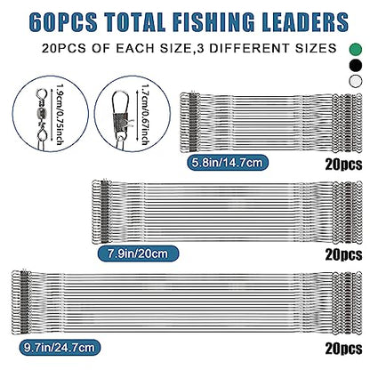 Fishing Leaders Saltwater,60pcs Stainless Steel Wire Leaders with Swivels Snap High Strength Fishing Line Leader for Connect Fishing Tackle Lure Bait Rig Hooks,6/8/10inch - color: Silver - 60pcs (6"+8"+10")
