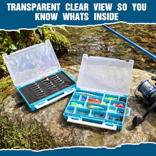 Wonderjune 4 Pack 3500 Double-sided Waterproof Fishing Tackle Boxes with Adjustable Dividers and EVA Foam Plastic Fishing Tackle Trays Clear Lures Storage Organizer for Jig Hook Bait (Blue)