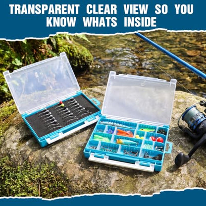 Wonderjune 4 Pack 3500 Double-sided Waterproof Fishing Tackle Boxes with Adjustable Dividers and EVA Foam Plastic Fishing Tackle Trays Clear Lures Storage Organizer for Jig Hook Bait (Blue)