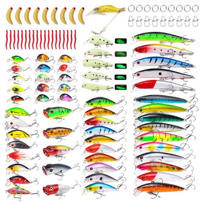 TSKS Fishing Artificial Lures Kit Mixed Including Front Diving Fin Minnow Surface Popper Crank Baits Pencil VIB with Hook and Soft Lures Accessories for Saltwater Freshwater Trout Bass Tackle Gift Set - color: 105pcs