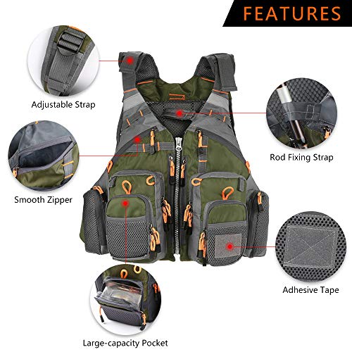 Lixada Fly Fishing Vest Fishing Jacket Breathable Polyester Mesh Design Fishing Vest - color: Dark Green