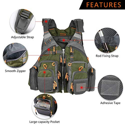 Lixada Fly Fishing Vest Fishing Jacket Breathable Polyester Mesh Design Fishing Vest - color: Dark Green