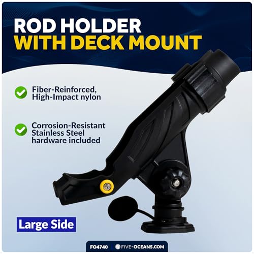 Five Oceans Fishing Rod Holder for Boat with Deck Mount Base, Black, High-Impact Nylon for Boats & Kayaks, Multiple Sizes - style: X-large Rod Holder + Spring-loaded Lock Cap Base