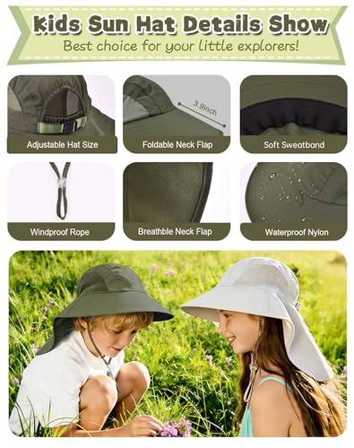 Rosoz Kids Sun Hat with Neck Flap UV Protection Summer Toddler Beach Hat Unisex Ponytail Hat Wide Brim Fishing Hat - color: Dark Green+light Grey