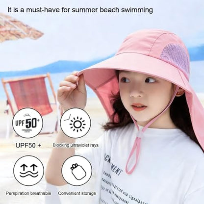 Kids-Sun Hat with Neck Flap Wide-Brim Fishing-Hat Lightweight Ponytail-Hat UV-Protection Summer Toddler Beach-Hat