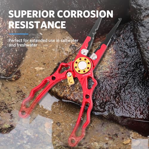 Fishing Pliers Saltwater, Split Ring Pliers Hook Remover with Safety Lock, Fishing Tools with Sheath and Lanyard, Fishing Gifts for Men - color: Red