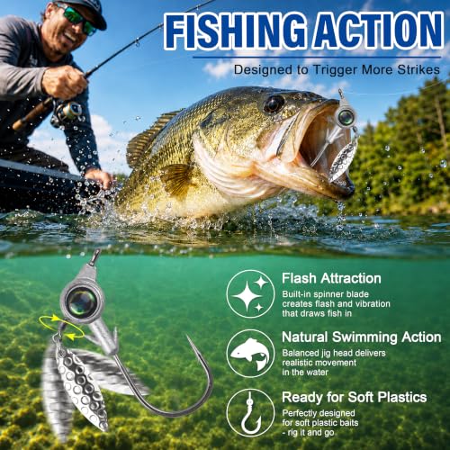 Underspin Jig Heads, 12pcs Crappie Jig Heads Swimbait Jig Heads with Spinner Blade 3D Eyes Fishing Jig Heads Hooks for Soft Plastic Swimbait Bass Walleye Trout Fishing 1/8oz 1/4oz 3/16oz 3/8oz - size: 1/8oz-12pcs
