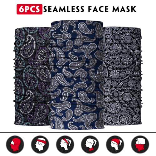 Neck Gaiter for Men Women Headwear Bandana Head Wrap Face Scarf Mask Cover Warmer Balaclava-Seamless & Versatile - color: A-6pcs-black Paisley 2