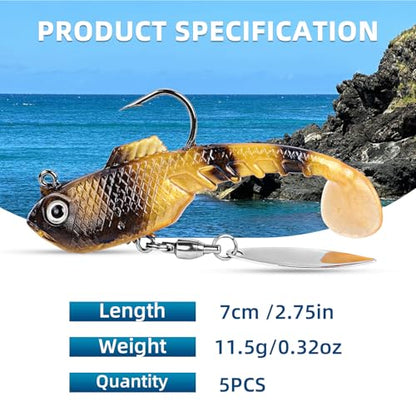 RYACO Soft Fishing Lures, Pre-Rigged Jig Soft Plastic Fishing Lures with Reflective Spinner, Paddle Tail Swimbaits for Bass Trout Walleye Crappie Fishing Jigs, 5PCS