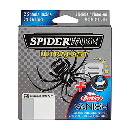 SpiderWire Ultracast Braid Vanish Fluorocarbon Dual Spool, 10lb Translucent Braid with 20lb Clear Fluoro Leader, 164yd | 150m