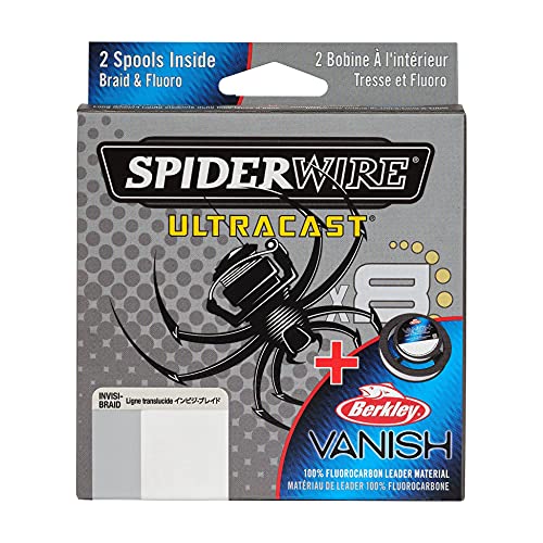 SpiderWire Ultracast Braid Vanish Fluorocarbon Dual Spool, 20lb Translucent Braid with 40lb Clear Fluoro Leader