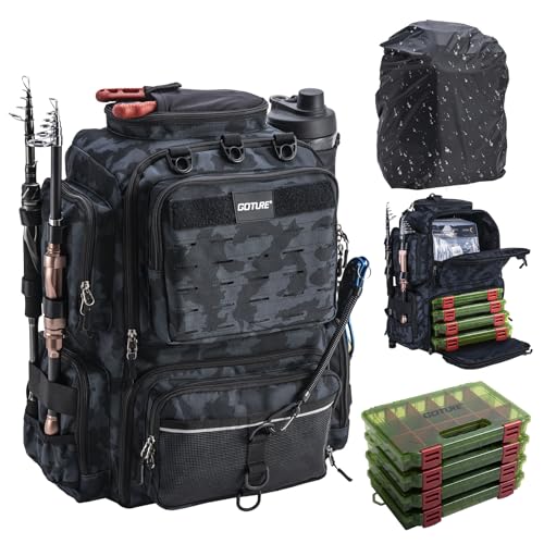 Goture Fishing Backpack with 4 Tackle Boxes,45L 600D Tackle Backpack with Rod Holders,8 Lure Pockets,Rain Cover,Large Fishing Bag Saltwater Gear Storage Bag for Camping Hiking - color: A1:45L Camo(With 4 3600 Tackle Boxes)