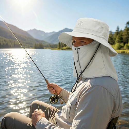 Bucket Hat for Men Women,Waterproof Sun Hat UV Protection with Detachable Face Neck Flap for Outdoors - color: Grey+green