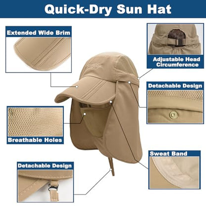 Surblue Neck Face Flap Outdoor Cap UV Protection Sun Hats Fishing Hat Quick-Drying UPF50+ - color: Khaki, size: Medium