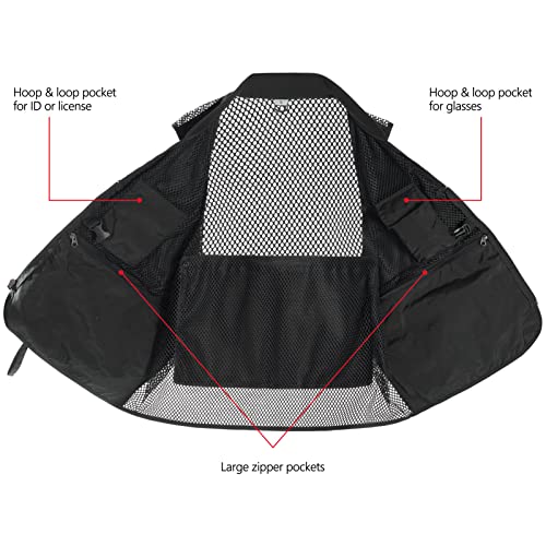 BASSDASH Versatile Men's Women's Fishing Photography Vest with Mesh Back 6 Sizes - color: Black, size: X-Large