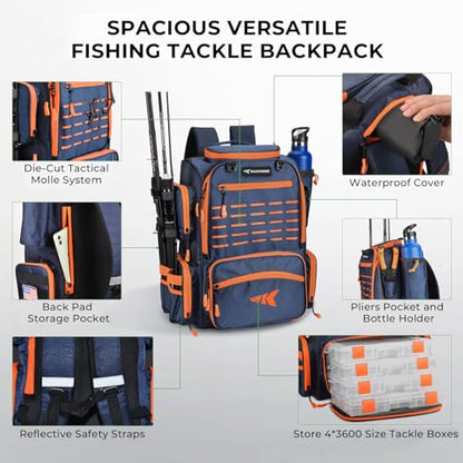 KastKing Bait Boss Fishing Tackle Backpack with Rod Holders-4 Tackle Boxes-Rain Cover,Storage for Fishing Gear - color: B: Orange