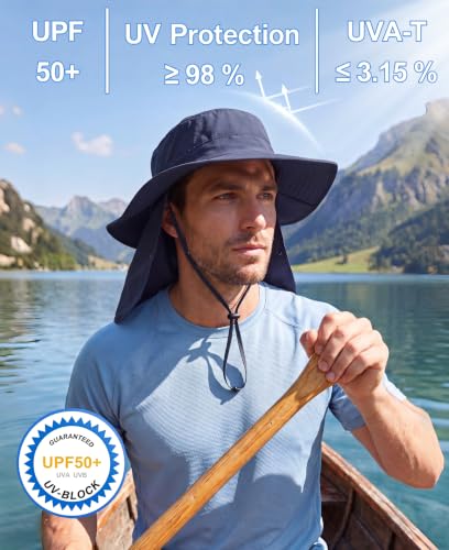 Home Prefer UPF 50+ Wide Brim Sun Hats with Neck Flap Sun Protection Hat for Men Women Gardening Fishing Summer Bucket Hat - color: Navy Blue