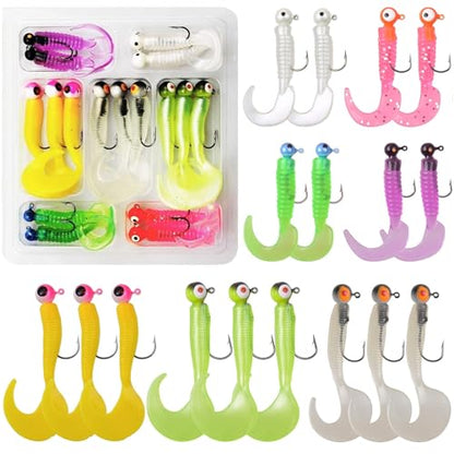 Soft Fishing Lures Jig Head Hooks Kit, 17pcs Crappie Jigs Soft Plastic Grub Tail Worm Lures Tackle for Bass Trout Saltwater Freshwater Fishing Mixed Color