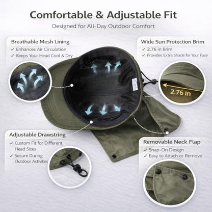 Mens L/XL/XXL Sun Hat with Removable Neck Flap UPF 50+ Fishing Hat Waterproof Quick Dry Breathable Baseball Cap for Cycling - color: Army Green, size: X-Large-XX-Large