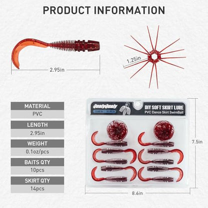 QualyQualy Soft Fishing Lures Soft Plastic Kit with Skirt 10pcs Soft Bait Grub for Bass, Crappie Wacky Worms Baits Set 2.95" for Texas Carolina Rig Kit - color: Red -10pcs