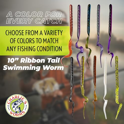 Charlie's Worms 10" Ribbon Tail Soft Plastic Worms for Bass Fishing, Freshwater & Saltwater Lures, Scented Swim Bait, Texas Rigged, Weedless, Large & Smallmouth, White Firetail, 6-Pack - color: Black Green Red Glitter