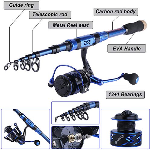 Sougayilang Fishing Rod and Reel Set Carbon Fiber Telescopic Fishing Rod 12+1BB Spinning Reel with Carry Case for Saltwater Freshwater - color: blue, size: 6.89 ft - 3000
