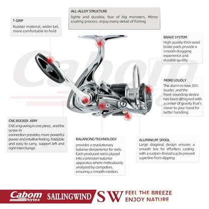 Ultralight Spinning Reel with Metal Body, 5.5:1 High Speed Gear Ratio, 15KG/33Lbs Max Drag Power, 7+1 BBS Ultra Smooth Freshwater Fishing Reels, Size 1000-5000S - size: Sailwind-3000