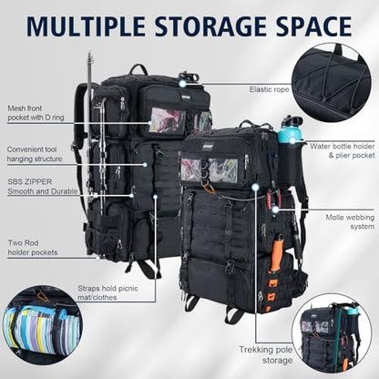 Goture Fishing Backpack with Cooler, 72L 600D Tackle Backpack Included 4 3700 Tackle Boxes, Dry & Wet Split Compartment, Large Fishing Tackle Bag with Rod Holders,Rain Cover for Travel Camping Hiking - color: Black (with 4 3700 Tackle Boxes)