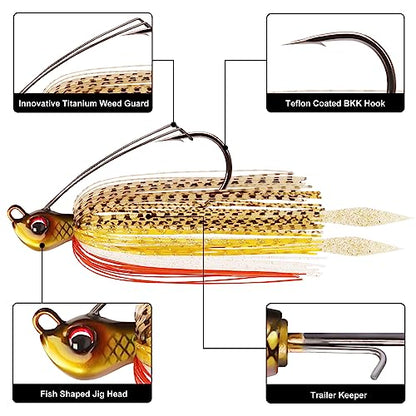 TRUSCEND Jigs Fishing Lures with Ultra Smooth Teflon Hook, Tour Grade Titanium Weed Guard Swim Jigs, Valuable Weedless Skirted Jig, Well-Made Lures for Crappie Bass Trout, Freshwater Fishing Gear - color: A1-3/8oz