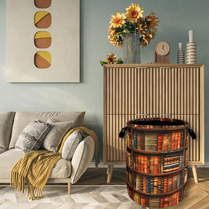 Retro Wooden Bookshelf Pattern Laundry Hamper Books Laundry Basket With Handles Foldable Oxford Cloth Funny Tote Bag Clothes Toy Storage Bucket 18.9"x16.5" For Bathroom/Laundry/Bedroom - color: Retro Wooden Bookshelf