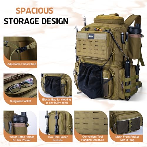 Goture Fishing Backpack with 4 Tackle Boxes, 53L 600D Water-Resistant Tackle Backpack with Cooler,Rod Holders, 8 Lure Pockets, Rain Cover, Large Fishing Bag Storage Gear Tackle Bag for Camping Hiking - color: C3:53L Insulated Khaki(With 4 3600 Tackle Boxe
