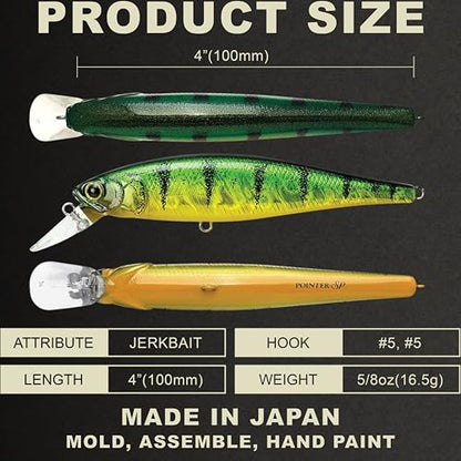 LUCKY CRAFT Pointer 100SP, Jerkbait Side by Side Action Tournament Winning Perfect Wobbling Freshwater Lake Bass Fishing Champion Bait - color: 280 Aurora Green Perch