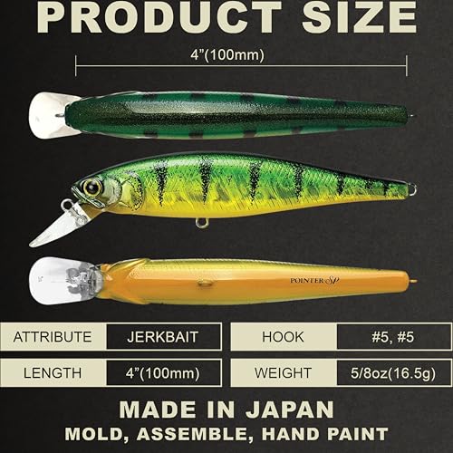 LUCKY CRAFT Pointer 100SP, Jerkbait Side by Side Action Tournament Winning Perfect Wobbling Freshwater Lake Bass Fishing Champion Bait - color: 280 Aurora Green Perch