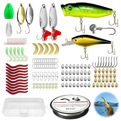 127Pcs Fishing Lures Kit for Bass Trout, Complete Tackle Box with Topwater Frog Minnow Soft Plastics Jigs Hooks & Weights, Freshwater Saltwater Fishing Gear Gifts for Men Dad
