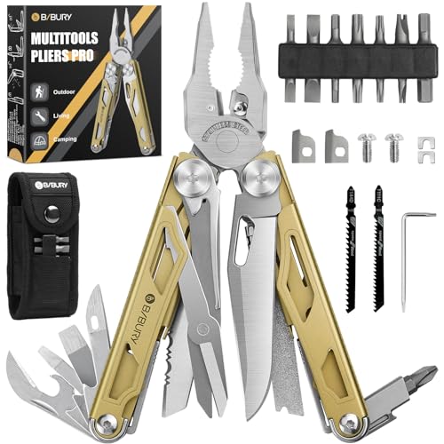 BIBURY Multitool Pliers Pro BI2045, 31-in-1 Stainless Steel Multi Tool with Replaceable Wire Cutters and Saw, Foldable Heavy-duty Multitool Set with Scissors and Screwdriver for Hiking Camping Repair - color: Golden