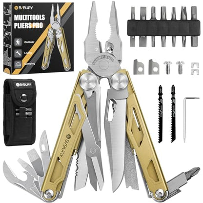 BIBURY Multitool Pliers Pro BI2045, 31-in-1 Stainless Steel Multi Tool with Replaceable Wire Cutters and Saw, Foldable Heavy-duty Multitool Set with Scissors and Screwdriver for Hiking Camping Repair - color: Golden
