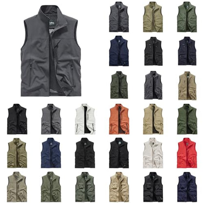 Mens Casual Vests Sleeveless Zip Up Lightweight Fishing Vests Hiking Tactical Windbreakers Outerwear with Pockets - color: #01 Grey, size: 6X-Large