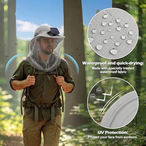 Suhine Mosquito Net Hat with Fan Built in Wide Brim Fan Solar Hat with Netting and Neck Flap for Men Women Outdoor Fishing - color: Light Gray