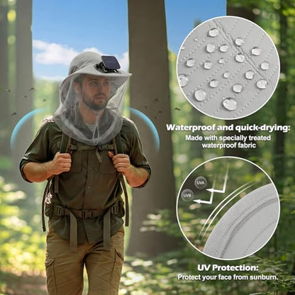 Suhine Mosquito Net Hat with Fan Built in Wide Brim Fan Solar Hat with Netting and Neck Flap for Men Women Outdoor Fishing - color: Light Gray