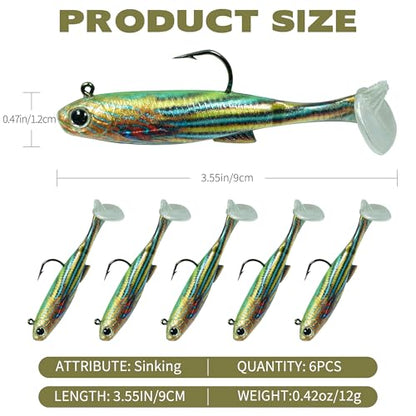6PCS Soft Plastic Fishing Lures - 3.5in Swim Baits for Bass Pre-Rigged Jig Heads Walleye Fishing Lures with Paddle Tail Swimbaits for Bass Fishing Fishing Soft Plastic Lure Kit - color: Yellow